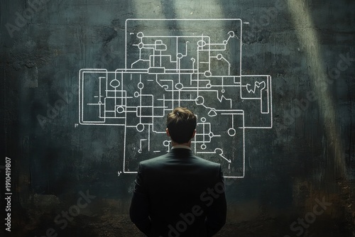 man in dark suit standing with his back to the viewer facing a large chalk circuit schematic on a textured wall under shafts of light, contemplative and focused