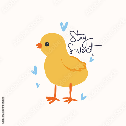 Cute hand-drawn yellow chick illustration with "Stay Sweet" handwritten typography and blue hearts. Adorable nursery art for greeting cards, posters, and kids t-shirt design. High-quality vector