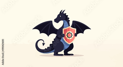 Cartoon dragon with wings and tail holds a shield