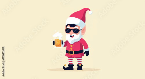 Cartoon elf in Santa suit with sunglasses holding beer