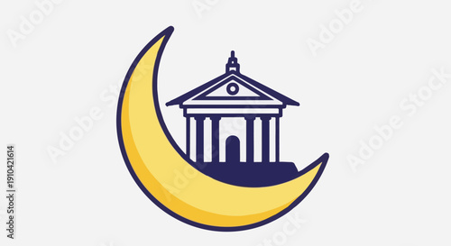 Crescent moon with classical building symbolizing Islamic culture and heritage.