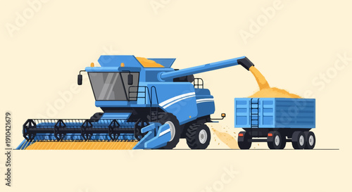 Blue combine harvester unloads grain into a blue truck trailer in a field