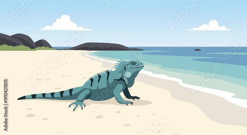 Blue iguana rests on a sandy beach by turquoise ocean waves under sky