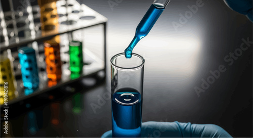 Blue liquid dripped from pipette into test tube, rack of colored tubes