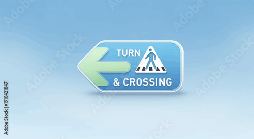 Blue sign with green arrow indicating turn and pedestrian crossing