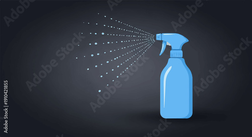 Blue spray bottle releasing mist against a dark background
