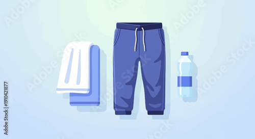Blue sweatpants, a towel and a water bottle are arranged on a light blue background