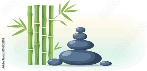 Bamboo stalks and balanced grey stones on a soft, gradient background