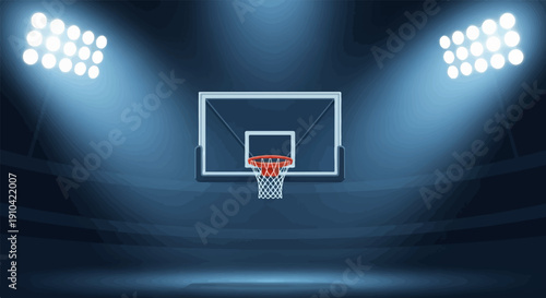 Basketball court under bright stadium lights, dark background