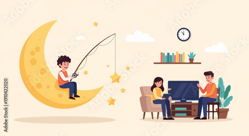 Boy fishes for stars on moon while family watches TV