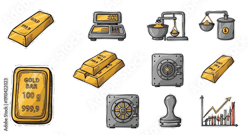 Cartoon Gold Investment and Banking Sticker Set. Hand-Drawn Icons of Gold Bars, Bank Safes, Weighing Scales, and Stock Market Charts.