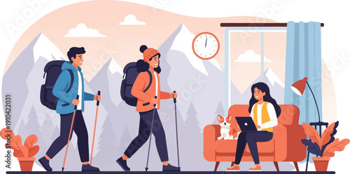 Backpackers hike near mountains while woman works indoors with dog