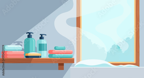 Bathroom scene with toiletries and towels by a window showing a snowy landscape