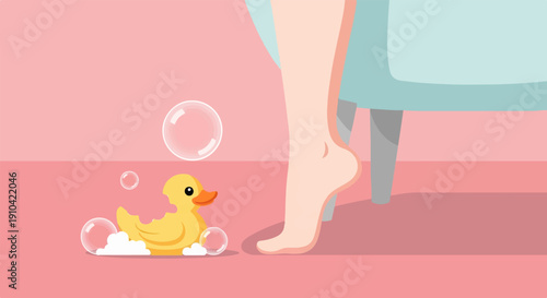 Bath time scene with a rubber ducky and a person's foot near a tub