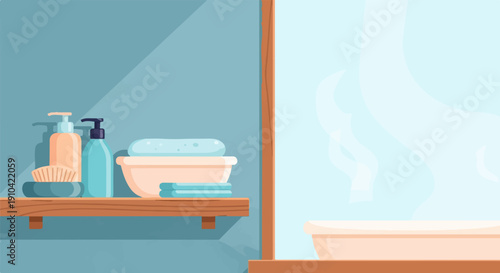 Bathroom shelf with toiletries and towels, next to a steamy mirror