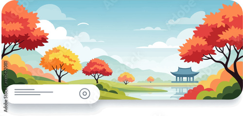 Autumnal landscape with a traditional building by a tranquil lake