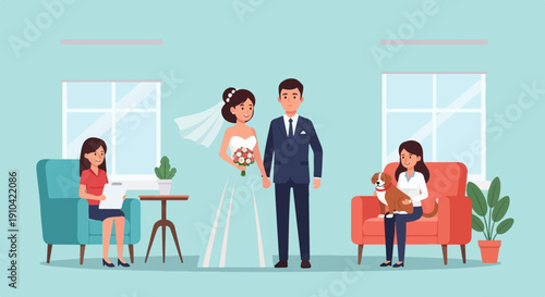 Bride and groom stand in a room with two women and a dog