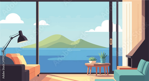 Bright living room with ocean view, modern decor, comfortable seating