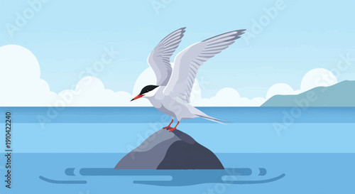 Bird perched on rock in calm blue water under a sky with clouds