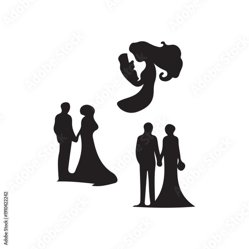 Vector illustration of a set of wedding rings with a wedding invitation card showing the bride and groom couple silhouette symbolizing love and marriage