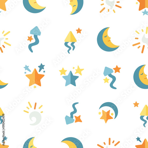 Seamless Pattern with Flat Design Elements of Night Sky and Celebration. EPS Editable