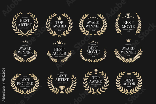 Award Crest & Laurel Wreath Vector Illustration Set for Movie & Film Awards, Festival Nominations