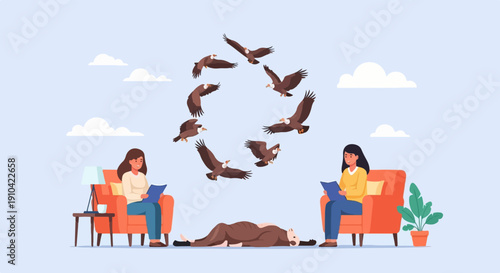 Birds circle above people reading and a figure lying on the ground