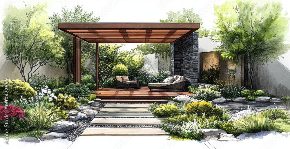 Naklejka premium Tranquil modern backyard garden with wooden pergola over a deck, cushioned lounge chairs beside a stone wall, stepping stone path through lush flowering shrubs, ornamental grasses and trees