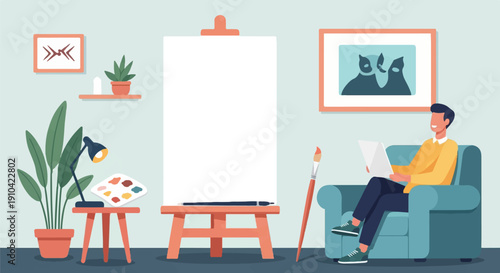Artist in cozy room with easel, plants, and art on wall