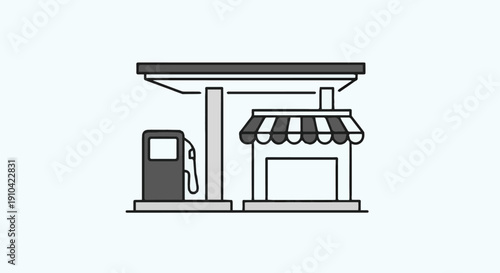 Simple gas station building illustration suitable for transportation and fuel service themes.