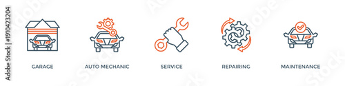 Car servicing banner web icon vector illustration concept with icon of garage, auto mechanic, service, repairing and maintenace