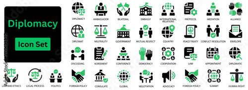 Silhouette vector of Diplomacy icon set. Icons of government, elections, voting, negotiations, international relations, and political processes. solid icons set. 