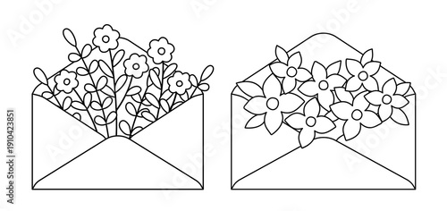Envelope filled with flowers outline flat vector illustration.
Cute flower in letter mail line art vector collection.
Transparent background.svg.
