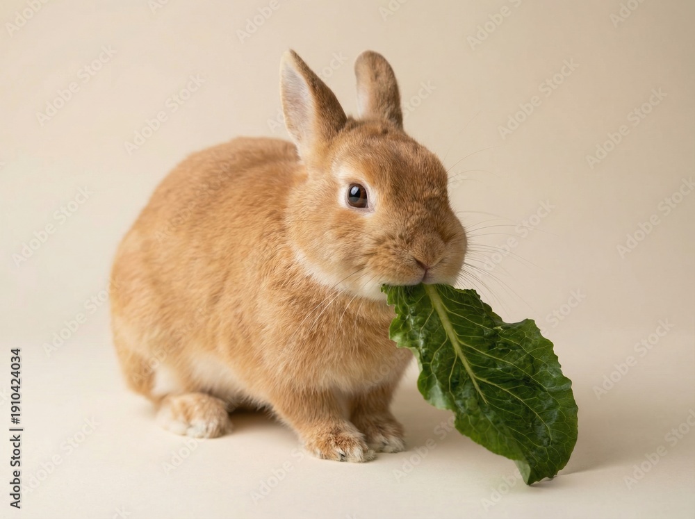 Fototapeta premium Brown rabbit holding a green leafy vegetable in its mouth, sitting on a light beige background with soft lighting highlighting its fur texture