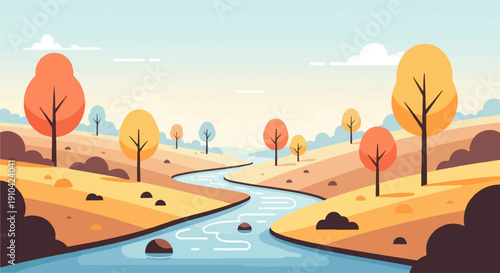 Autumn landscape with a winding river and stylized trees under a pale sky