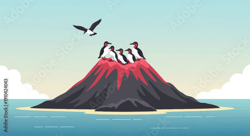 Birds perch on a pixelated volcanic island in calm blue waters
