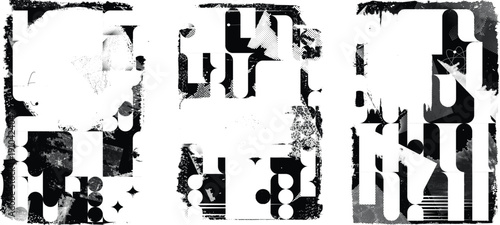 Glitch distorted grungy isolated layers . Design element for brochure, social media, posters, flyers. Overlay texture.Textured banner with Distress effect .Vector halftone dots . Screen print texture