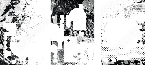 Glitch distorted grungy isolated layers . Design element for brochure, social media, posters, flyers. Overlay texture.Textured banner with Distress effect .Vector halftone dots . Screen print texture