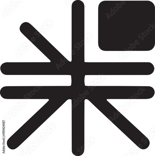 Abstract geometric spark icon: Bold black asterisk star with square vector