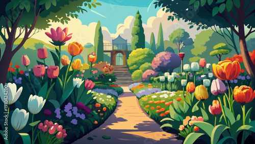 spring landscape with tulips and trees