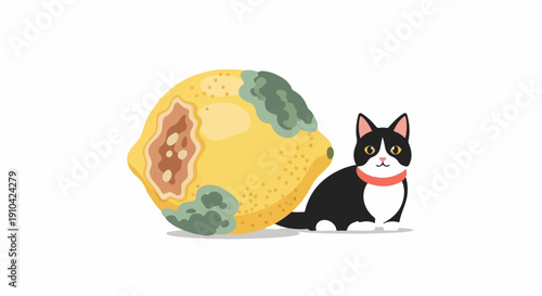 Black and white cat with a red collar sitting next to a moldy lemon