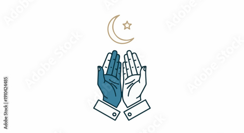Minimal line illustration of Muslim praying hands with crescent moon symbol, perfect for Ramadan and Eid religious themes.