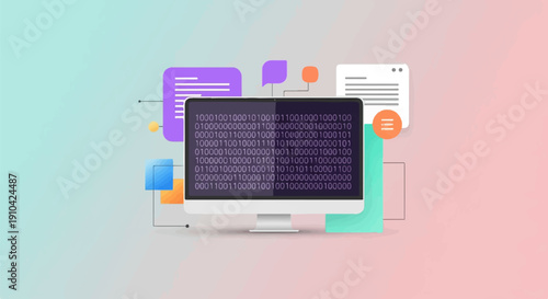 Abstract illustration of a computer displaying binary code with colorful abstract shapes