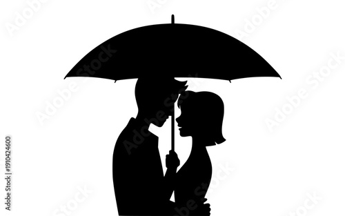 black silhouette of romantic couple kissing under umbrella, for valentine's day or wedding isolated PNG with Transparent Background