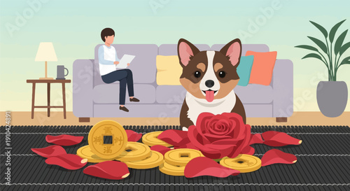 Adorable corgi sits near gold coins, rose petals, and a red rose
