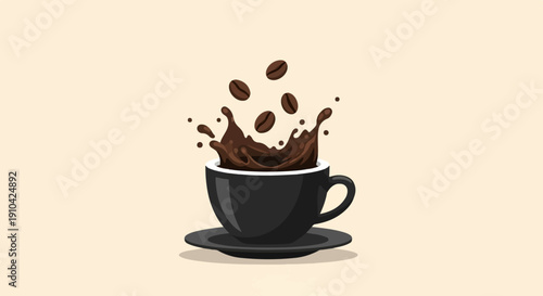 Black coffee cup with splashing liquid and floating beans