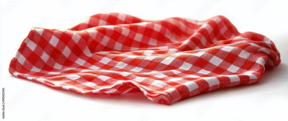 Obraz premium crumpled red and white checkered cloth napkin on white background evoking cozy picnic and homey warmth