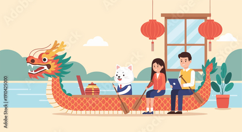 Anthropomorphic characters participate in a dragon boat race event