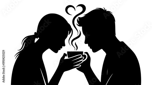 Black silhouette of couple sharing a cup of coffee or hot chocolate with heart shaped steam, vector illustration for Valentine's Day or romantic gesture isolated PNG with Transparent Background