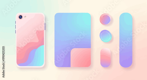 Abstract colorful mobile device and shapes with soft gradients on a pastel background